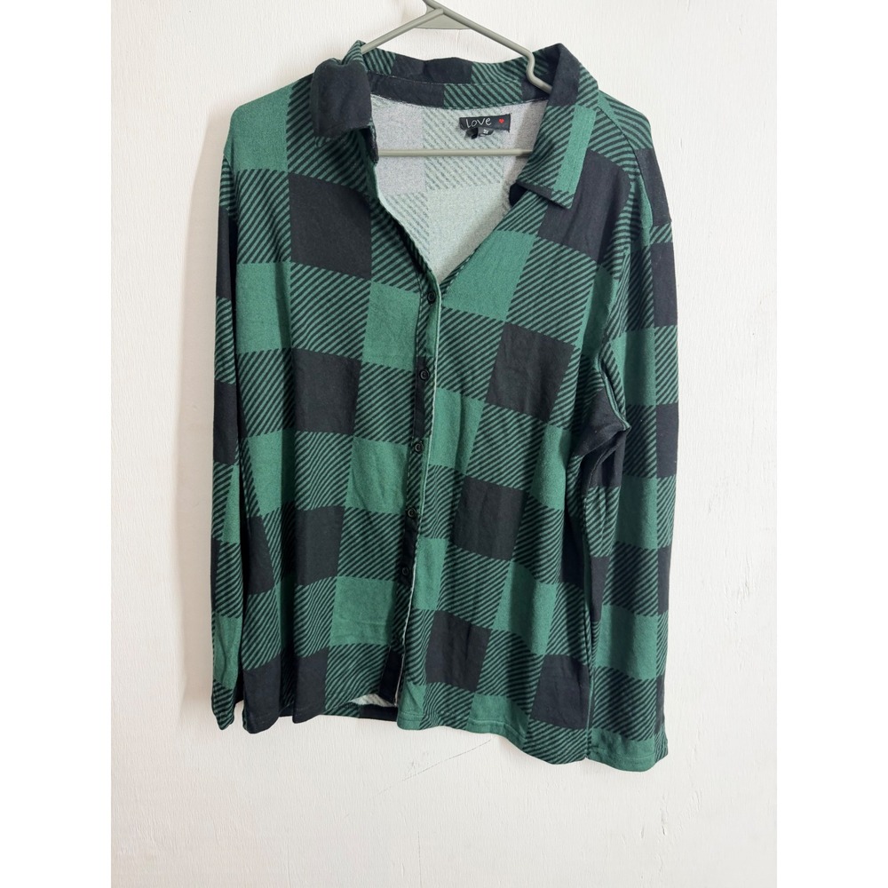 Love Green Black Buffalo Plaid Button Down Shirt Plus Size 3X Long Sleeve Knit